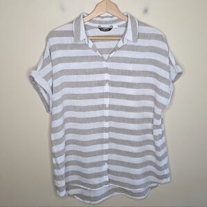Peyton Jensen | Beige & White Striped Button Front Cuffed Short Sleeve Shirt